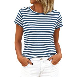 imageBTFBM Tops for Women Trendy Summer 2026 Crew Neck Short Sleeve T Shirts Striped Casual Vacation Blouse Loose Basic TeeDark Blue White