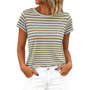 imageBTFBM Tops for Women Trendy Summer 2026 Crew Neck Short Sleeve T Shirts Striped Casual Vacation Blouse Loose Basic TeeLight Blue Khaki