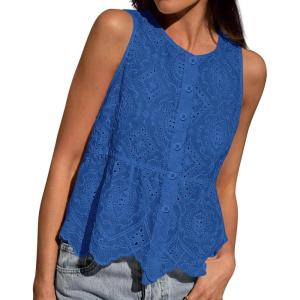 imageBTFBM Womens Tank Tops 2026 Summer Casual Sleeveless Button Down Shirts Embroidered Eyelet Blouse Beach Vacation ClothesBlue