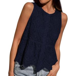 imageBTFBM Womens Tank Tops 2026 Summer Casual Sleeveless Button Down Shirts Embroidered Eyelet Blouse Beach Vacation ClothesNavy