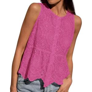 imageBTFBM Womens Tank Tops 2026 Summer Casual Sleeveless Button Down Shirts Embroidered Eyelet Blouse Beach Vacation ClothesRose Pink