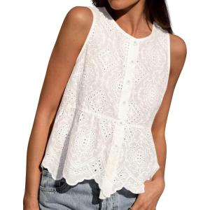 imageBTFBM Womens Tank Tops 2026 Summer Casual Sleeveless Button Down Shirts Embroidered Eyelet Blouse Beach Vacation ClothesWhite