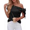 imageBTFBM Off The Shoulder Tops for Women Summer 2026 Short Sleeve Satin Blouse Shirts Silk Y2K Going Out Top Beach VacationBlack