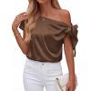 imageBTFBM Off The Shoulder Tops for Women Summer 2026 Short Sleeve Satin Blouse Shirts Silk Y2K Going Out Top Beach VacationBrown