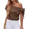 imageBTFBM Off The Shoulder Tops for Women Summer 2026 Short Sleeve Satin Blouse Shirts Silk Y2K Going Out Top Beach VacationBrown