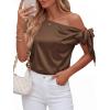 imageBTFBM Off The Shoulder Tops for Women Summer 2026 Short Sleeve Satin Blouse Shirts Silk Y2K Going Out Top Beach VacationBrown