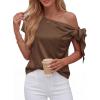 imageBTFBM Off The Shoulder Tops for Women Summer 2026 Short Sleeve Satin Blouse Shirts Silk Y2K Going Out Top Beach VacationBrown