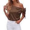 imageBTFBM Off The Shoulder Tops for Women Summer 2026 Short Sleeve Satin Blouse Shirts Silk Y2K Going Out Top Beach VacationBrown