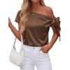 imageBTFBM Off The Shoulder Tops for Women Summer 2026 Short Sleeve Satin Blouse Shirts Silk Y2K Going Out Top Beach VacationBrown