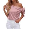 imageBTFBM Off The Shoulder Tops for Women Summer 2026 Short Sleeve Satin Blouse Shirts Silk Y2K Going Out Top Beach VacationPink