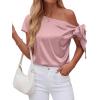 imageBTFBM Off The Shoulder Tops for Women Summer 2026 Short Sleeve Satin Blouse Shirts Silk Y2K Going Out Top Beach VacationPink