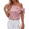 imageBTFBM Off The Shoulder Tops for Women Summer 2026 Short Sleeve Satin Blouse Shirts Silk Y2K Going Out Top Beach VacationPink