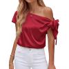 imageBTFBM Off The Shoulder Tops for Women Summer 2026 Short Sleeve Satin Blouse Shirts Silk Y2K Going Out Top Beach VacationRed