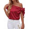 imageBTFBM Off The Shoulder Tops for Women Summer 2026 Short Sleeve Satin Blouse Shirts Silk Y2K Going Out Top Beach VacationRed