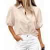 imageBTFBM Womens Button Down Shirts Short Puff Sleeve Collared V Neck 2026 Summer Tops Dressy Casual Work Business BlousesBeige