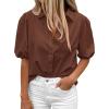 imageBTFBM Womens Button Down Shirts Short Puff Sleeve Collared V Neck 2026 Summer Tops Dressy Casual Work Business BlousesBrown