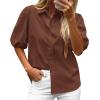 imageBTFBM Womens Button Down Shirts Short Puff Sleeve Collared V Neck 2026 Summer Tops Dressy Casual Work Business BlousesBrown