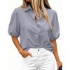 imageBTFBM Womens Button Down Shirts Short Puff Sleeve Collared V Neck 2026 Summer Tops Dressy Casual Work Business BlousesGrey