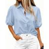 imageBTFBM Womens Button Down Shirts Short Puff Sleeve Collared V Neck 2026 Summer Tops Dressy Casual Work Business BlousesLight Blue