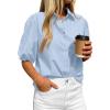 imageBTFBM Womens Button Down Shirts Short Puff Sleeve Collared V Neck 2026 Summer Tops Dressy Casual Work Business BlousesLight Blue