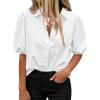 imageBTFBM Womens Button Down Shirts Short Puff Sleeve Collared V Neck 2026 Summer Tops Dressy Casual Work Business BlousesWhite
