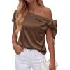 imageBTFBM Off The Shoulder Tops for Women Summer 2026 Short Sleeve Satin Blouse Shirts Silk Y2K Going Out Top Beach VacationBrown