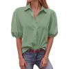 imageBTFBM Womens Button Down Shirts Short Puff Sleeve Collared V Neck 2026 Summer Tops Dressy Casual Work Business BlousesSage Green