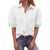 imageBTFBM Womens Button Down Shirts Short Puff Sleeve Collared V Neck 2026 Summer Tops Dressy Casual Work Business BlousesWhite