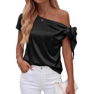 imageBTFBM Off The Shoulder Tops for Women Summer 2026 Short Sleeve Satin Blouse Shirts Silk Y2K Going Out Top Beach VacationBlack