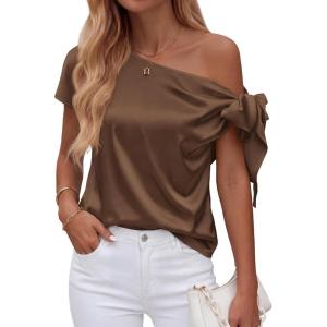 imageBTFBM Off The Shoulder Tops for Women Summer 2026 Short Sleeve Satin Blouse Shirts Silk Y2K Going Out Top Beach VacationBrown