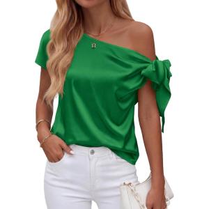 imageBTFBM Off The Shoulder Tops for Women Summer 2026 Short Sleeve Satin Blouse Shirts Silk Y2K Going Out Top Beach VacationGreen