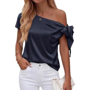 imageBTFBM Off The Shoulder Tops for Women Summer 2026 Short Sleeve Satin Blouse Shirts Silk Y2K Going Out Top Beach VacationNavy Blue