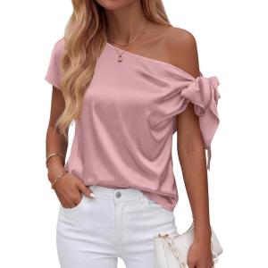 imageBTFBM Off The Shoulder Tops for Women Summer 2026 Short Sleeve Satin Blouse Shirts Silk Y2K Going Out Top Beach VacationPink