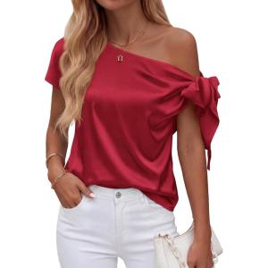 imageBTFBM Off The Shoulder Tops for Women Summer 2026 Short Sleeve Satin Blouse Shirts Silk Y2K Going Out Top Beach VacationRed