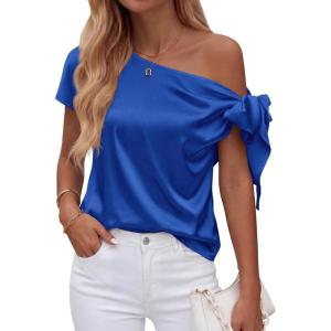 imageBTFBM Off The Shoulder Tops for Women Summer 2026 Short Sleeve Satin Blouse Shirts Silk Y2K Going Out Top Beach VacationRoyal Blue