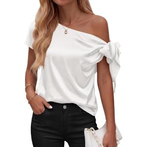 imageBTFBM Off The Shoulder Tops for Women Summer 2026 Short Sleeve Satin Blouse Shirts Silk Y2K Going Out Top Beach VacationWhite