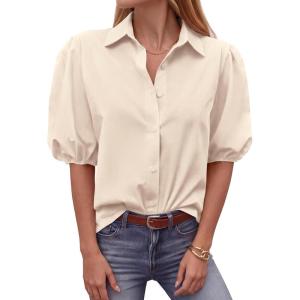 imageBTFBM Womens Button Down Shirts Short Puff Sleeve Collared V Neck 2026 Summer Tops Dressy Casual Work Business BlousesBeige