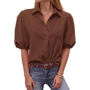 imageBTFBM Womens Button Down Shirts Short Puff Sleeve Collared V Neck 2026 Summer Tops Dressy Casual Work Business BlousesBrown