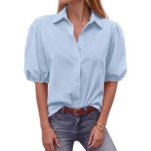 imageBTFBM Womens Button Down Shirts Short Puff Sleeve Collared V Neck 2026 Summer Tops Dressy Casual Work Business BlousesLight Blue