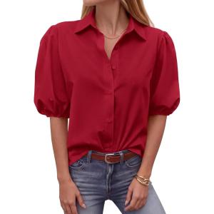imageBTFBM Womens Button Down Shirts Short Puff Sleeve Collared V Neck 2026 Summer Tops Dressy Casual Work Business BlousesRed