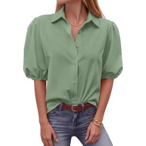 imageBTFBM Womens Button Down Shirts Short Puff Sleeve Collared V Neck 2026 Summer Tops Dressy Casual Work Business BlousesSage Green