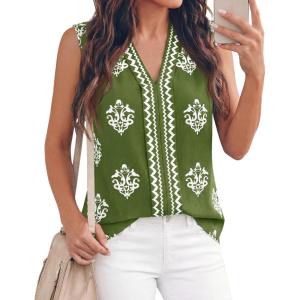 imageBTFBM Womens Tank Tops Floral Printed V Neck Sleeveless Spring 2026 Business Work Dressy Casual Shirts Chiffon BlousesArmy Green