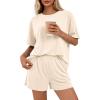 imageBTFBM 2 Piece Lounge Sets For Women 2026 Summer Airport Travel Vacation Outfits Loose Matching Clothing Spring Short SetBeige