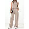 imageBTFBM Two Piece Sets for Women Summer Outfits 2026 Lounge Sets Mock Neck Tops Wide Leg Pants Travel Fashion ClothingKhaki