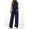 imageBTFBM Two Piece Sets for Women Summer Outfits 2026 Lounge Sets Mock Neck Tops Wide Leg Pants Travel Fashion ClothingNavy Blue