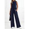 imageBTFBM Two Piece Sets for Women Summer Outfits 2026 Lounge Sets Mock Neck Tops Wide Leg Pants Travel Fashion ClothingNavy Blue