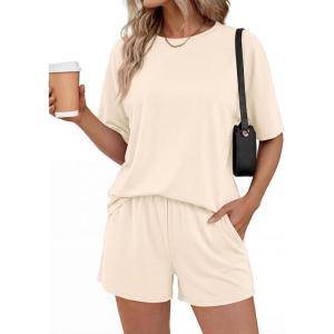 imageBTFBM 2 Piece Lounge Sets For Women 2026 Summer Airport Travel Vacation Outfits Loose Matching Clothing Spring Short SetBeige