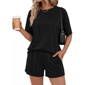 imageBTFBM 2 Piece Lounge Sets For Women 2026 Summer Airport Travel Vacation Outfits Loose Matching Clothing Spring Short SetBlack