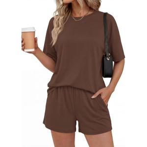 imageBTFBM 2 Piece Lounge Sets For Women 2026 Summer Airport Travel Vacation Outfits Loose Matching Clothing Spring Short SetBrown