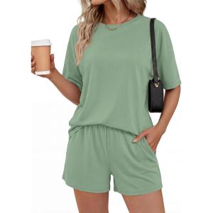 imageBTFBM 2 Piece Lounge Sets For Women 2026 Summer Airport Travel Vacation Outfits Loose Matching Clothing Spring Short SetGrey Green